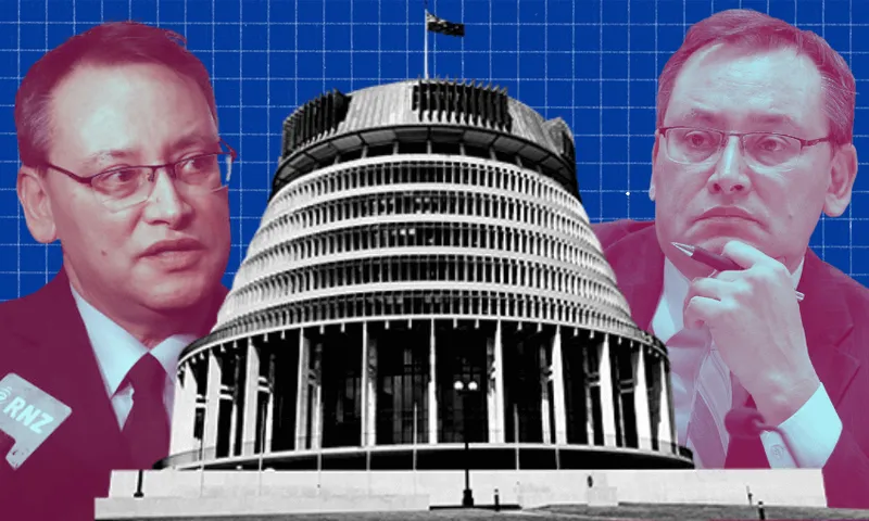 Collage featuring the Beehive building in the centre with two men in suits on either side against a blue grid background. One man looks left with an RNZ microphone, while the other holds a pen to his chin.