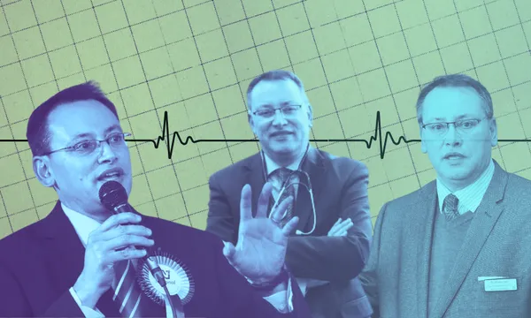 Three images of the same man, Shane Reti, in formal attire, one with a microphone and election ribbon, are in front of a background featuring an electrocardiogram line on graph paper. The overall colour tone is teal and green.