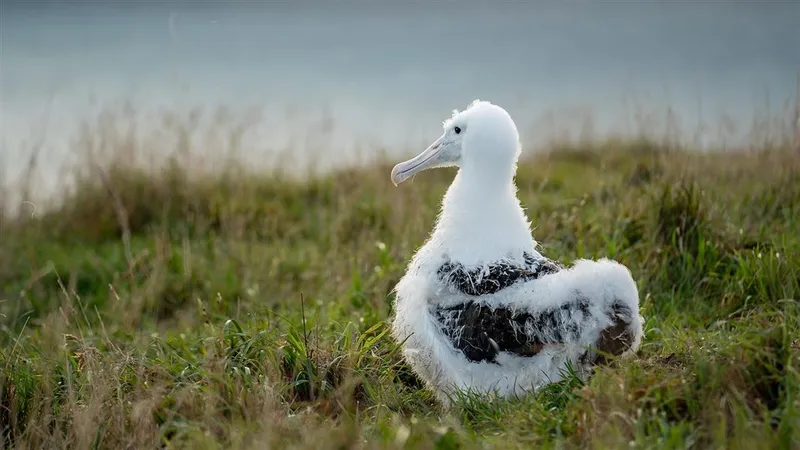 An albatross chick with fluffy white and black feathers stands in long green grass