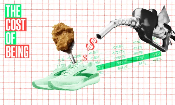 A collage featuring a gas pump nozzle, peanut butter on a spoon, and a green athletic shoe. Text reads "The Cost of Being." A red grid background contains financial figures with dollar signs.
