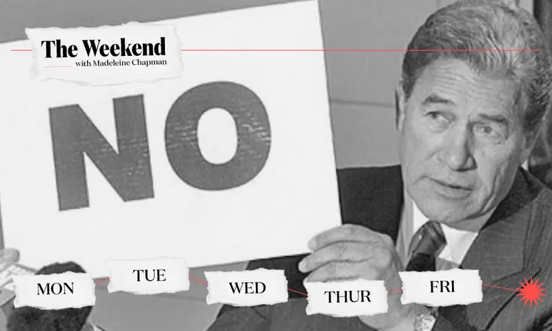 A black and white photo with politician Winston Peters holding up a piece of paper with the word "no" printed in black on it