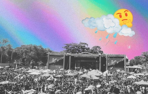 A black-and-white photo of a large outdoor music festival crowd in front of a stage, overlaid with colorful, rainbow-like gradients. A large emoji of a thinking face appears in the top right, next to a cartoon-style cloud with raindrops falling, adding a whimsical touch.