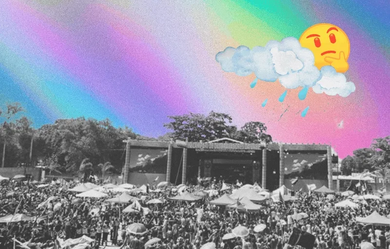 A black-and-white photo of a large outdoor music festival crowd in front of a stage, overlaid with colorful, rainbow-like gradients. A large emoji of a thinking face appears in the top right, next to a cartoon-style cloud with raindrops falling, adding a whimsical touch.