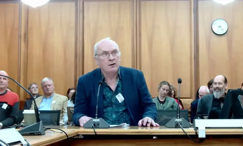 Vincent O'Malley sits at the select committee table in a suit with no tie. A small group of spectators sit behind him as he speaks into a microphone