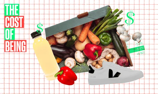 A collage featuring a box of assorted vegetables and mushrooms, a bottle of juice, a sneaker, dollar signs, and text reading "The Cost of Being." The background is a grid pattern with bar chart elements.
