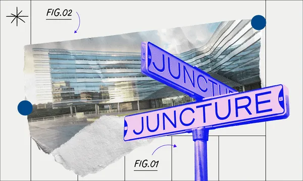 A collage-style graphic featuring a street sign with the word 'JUNCTURE' in bold blue and pink lettering, positioned against a modern glass building. The background includes torn paper textures, abstract shapes, and labeled elements like 'FIG.01' and 'FIG.02,' with arrows connecting different sections. The composition has a futuristic and layered aesthetic.