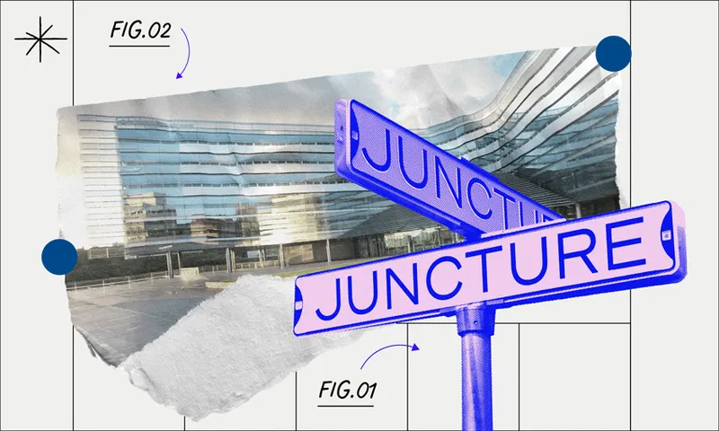 A collage-style graphic featuring a street sign with the word 'JUNCTURE' in bold blue and pink lettering, positioned against a modern glass building. The background includes torn paper textures, abstract shapes, and labeled elements like 'FIG.01' and 'FIG.02,' with arrows connecting different sections. The composition has a futuristic and layered aesthetic.