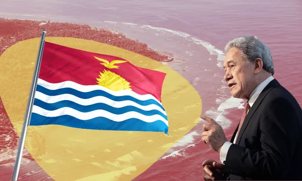 a purple toned island with the flag of kiribati and a cutout of Winston beters looking towards it with an admonishing expressions