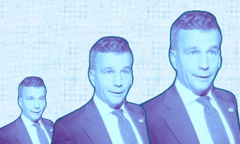 A man in a suit is depicted three times in increasing size from left to right, against a light blue patterned background. The image has a blue tint, giving it a stylized effect.