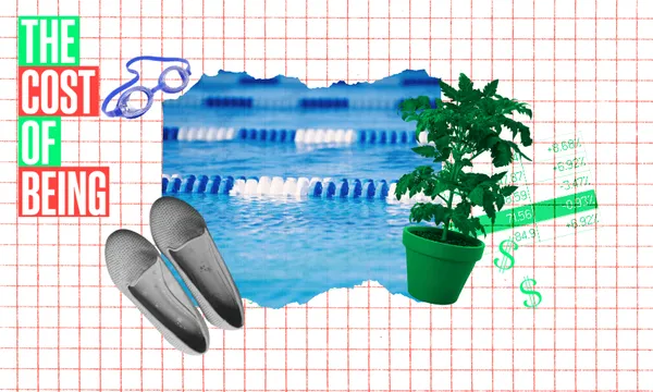 A collage with a swimming pool, goggles, slippers, a potted plant, and dollar symbols. Text on the left reads "The Cost of Being" against a red and green checkered background.