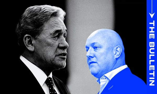 Winston Peters in black and white on the left, Christopher Luxon in blue on the right