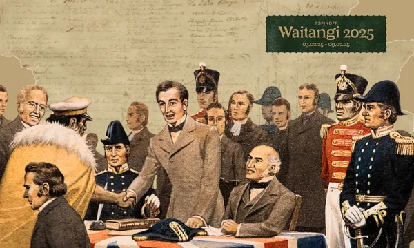 Illustration of a historical treaty signing event. Diverse figures in 19th-century attire gather around a table draped with a Union Jack. A man shakes hands with a seated individual. Text box reads "E-Tangata Waitangi 2025, 03.02.25 – 09.02.25.
