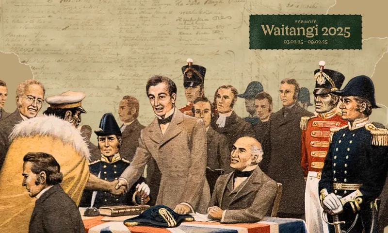 Illustration of a historical treaty signing event. Diverse figures in 19th-century attire gather around a table draped with a Union Jack. A man shakes hands with a seated individual. Text box reads "E-Tangata Waitangi 2025, 03.02.25 – 09.02.25.