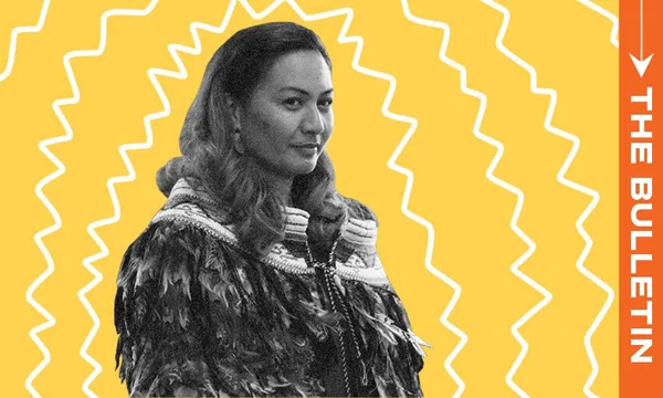 Marama Davidson in greyscale on a yellow and white background
