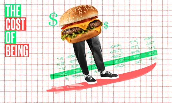 A hamburger with human legs wearing sneakers rides a surfboard. Dollar symbols float nearby. The background features a grid with numbers, and the phrase "The Cost of Being" appears in large text on the left.
