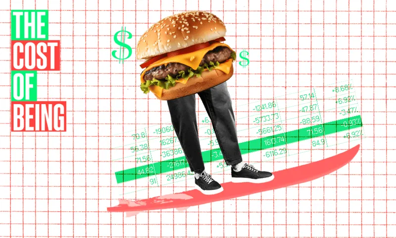 A hamburger with human legs wearing sneakers rides a surfboard. Dollar symbols float nearby. The background features a grid with numbers, and the phrase "The Cost of Being" appears in large text on the left.