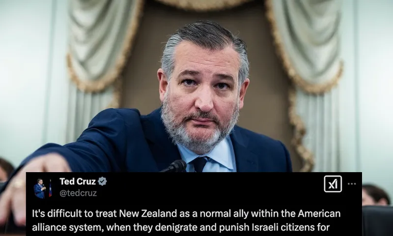 ted cruz and the start of his controversial tweet, which reads: "It's difficult to treat New Zealand as a normal ally within the American alliance system, when they denigrate and punish Israeli citizens for defending themselves and their country from Iranian-controlled terrorists..."