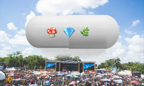 A colour photo showing a festival crowd in the bottom half and a sunny blue sky in the top half. Layered overtop is a large pill capsule with the emojis for mushroom, diamond and leaf on top, symbolising different drugs