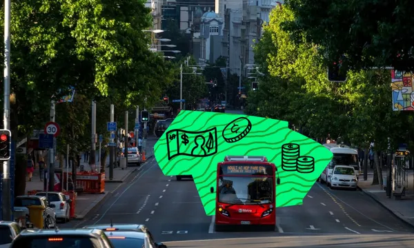a busy auckland street with several buses and cars. one stands out, with a zigzaggy green background behind it and doodles of coins and cash