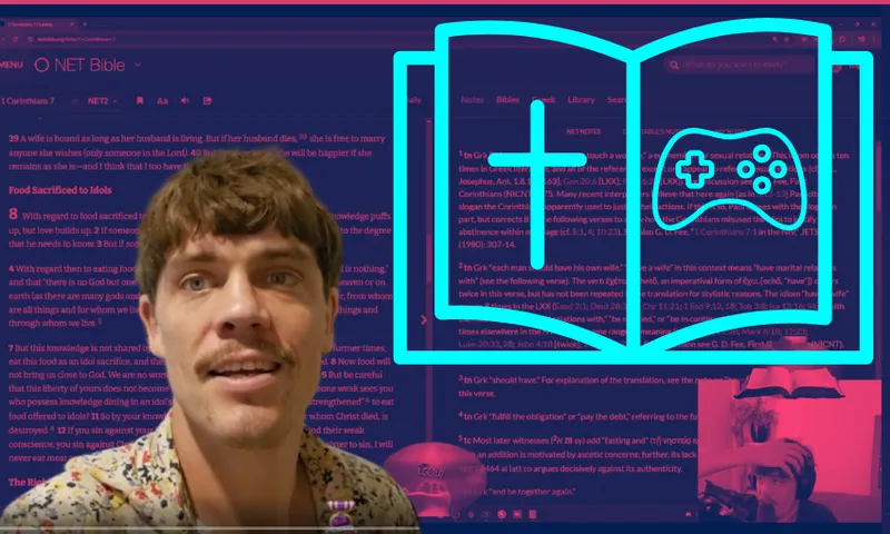 a faded out page of the bible with a brown haired pakeham man beside a bright blue icon of the bible with a gaming console on it