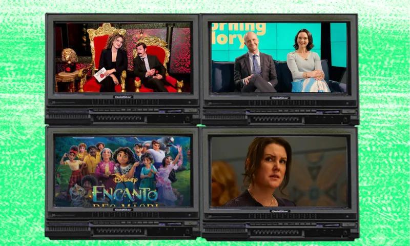 Four television screens showing Rose Matafeo hosting Taskmaster, Jono Pryor on a Breakfast couch, a Disney poster for Encanto Māori and Melanie Lynskey looking concerned