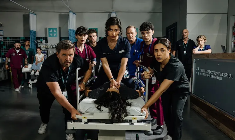 A scene from Shortland Street of a group of medical professionals wearing medical scrubs push a hospital trolley. One doctor is sitting on a patient performing CPR.