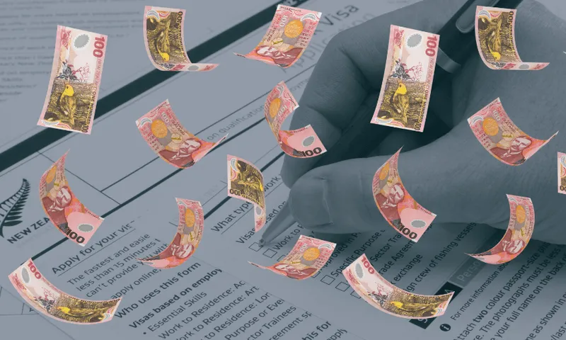 New Zealand visa application form with a hand holding a pen, overlaid with floating, colourful $100 notes.