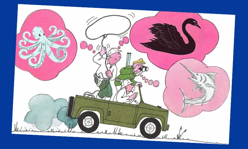 hand drawn illustration of three men in a car with guns and lassoo. Thinking bubbles coming from their heads have an octopus, swan and marlin