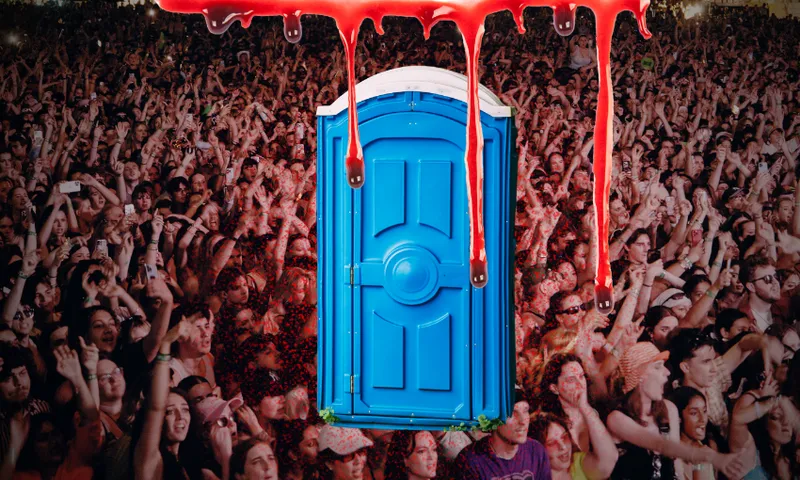 background of a festival crowd with a portaloo and blood drips in the foreground