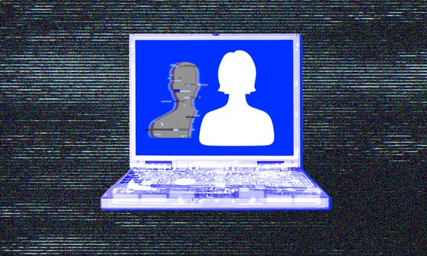 Illustration of a laptop displaying two silhouette figures on a blue screen with digital noise and glitch effects. The figures face opposite directions, and the background has a static-like appearance.