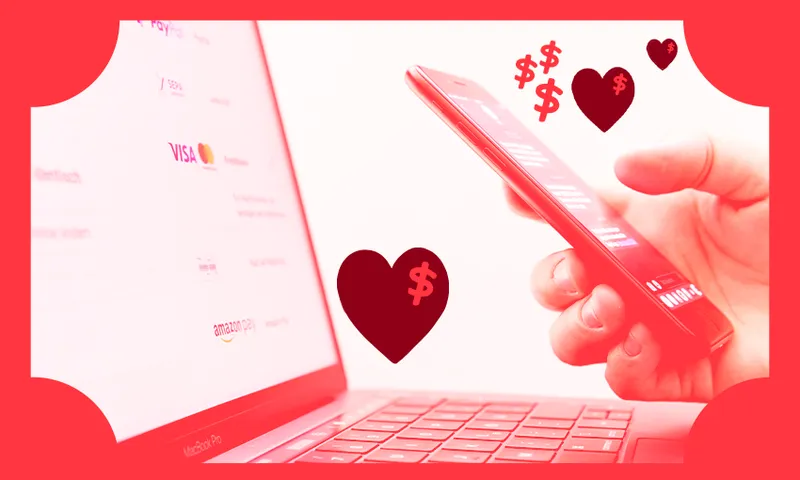 hands holding a phone and computer surrounded by love hearst and dollar signs