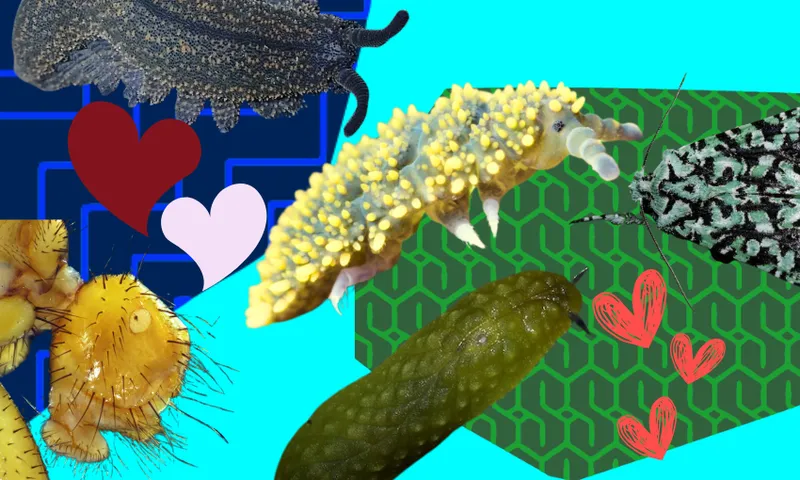 a bright blue background, lots of insects that will be described properly later in the article, and lots of love hearts around them