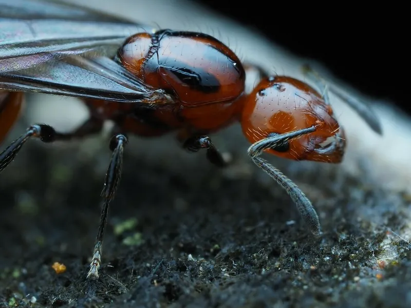 a winged, glossy red toned ant in cool blue light, looking shiny