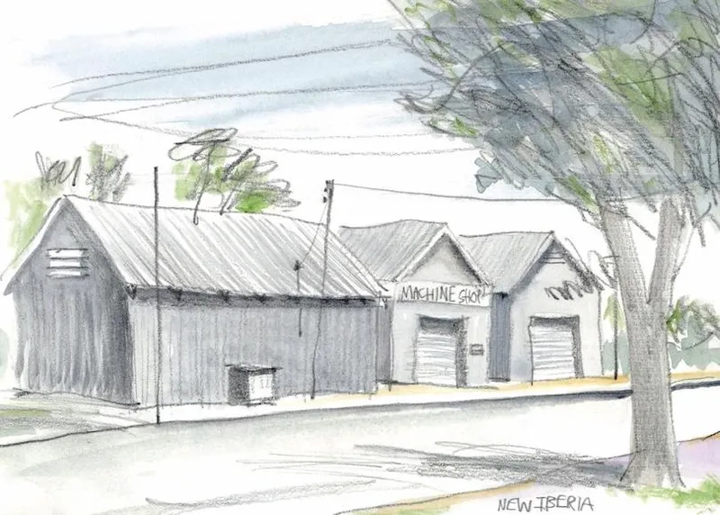A sketch of two grey industrial buildings with metal roofs, labeled "Machine Shop," lined with garage doors. A tree with leafy branches is in the foreground. The scene is shaded and has a sign that reads "New Iberia".