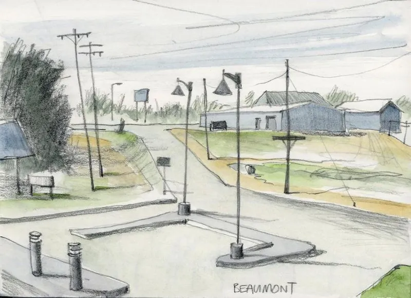 Sketch of a quiet street scene with utility poles, street lamps, and a few buildings. A bench sits to the left amid sparse trees. The road curves, leading to a distant horizon under a cloudy sky. The word "Beaumont" is written at the bottom.