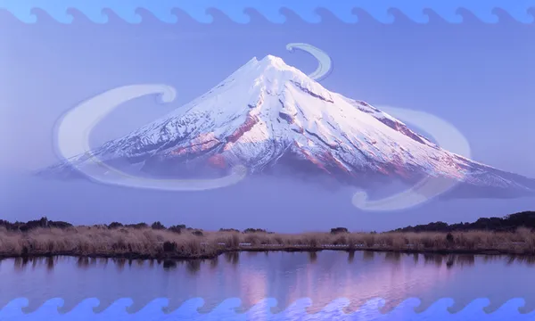 A snow-capped mountain reflected in a calm lake, with wispy clouds in a clear purple sky. Wavy patterns frame the image, enhancing an ethereal and serene atmosphere.