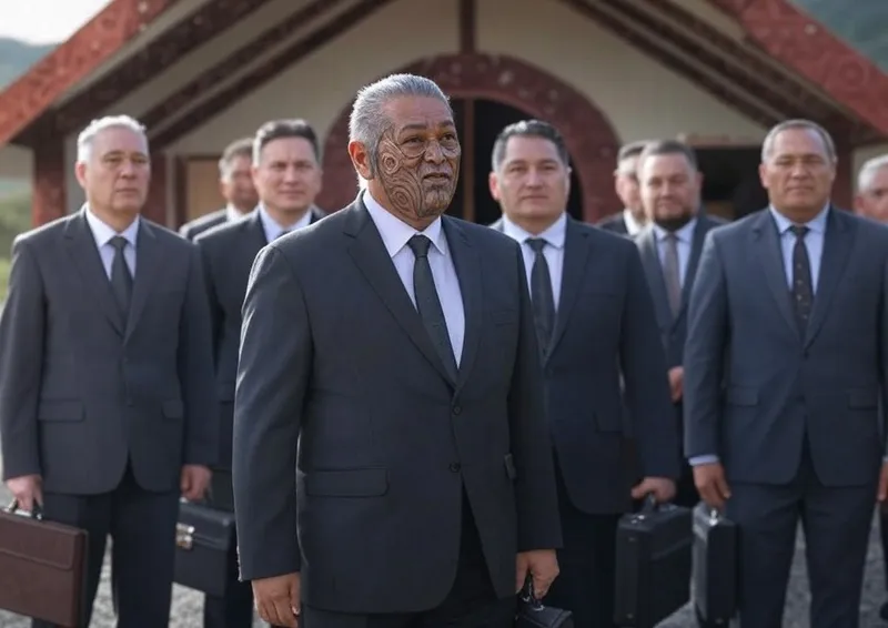 A group of men in suits and ties stand in front of a traditional building. The man in front has facial markings and holds a briefcase. Other men in the background also carry briefcases. The building has a peaked roof and ornate carvings.