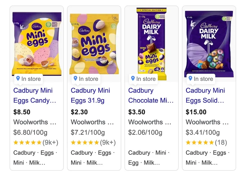 A screenshot of Woolworths prices for Cadbury easter products, showing the prices of mini eggs being twice as much as Cadbury dairy milk eggs