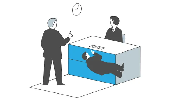 Illustration of a man in a suit pointing at a clock on the wall, while another man sits at a desk. A third man is lying horizontally in an open drawer of the desk, looking at a phone.