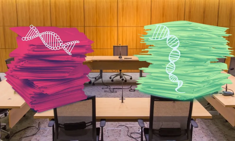 a select committee room in parliament with piles of paper in green and red superimposed with the stereotypical DNA double helix