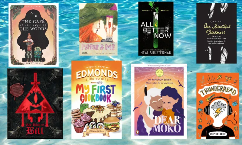 Images of book covers with the sea in the background.