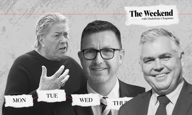 A black and white collage showing Brian Tamaki, Simon Court and Mark Mitchell with "The Weekend" branding over the top