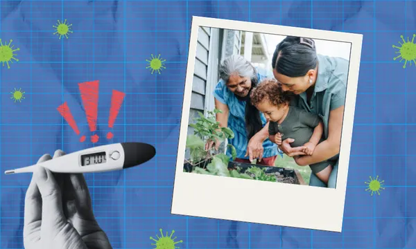 A collage shows a hand holding a thermometer that reads 37 degrees C. There are three red exclamation points above it. To the right there is a photo of a baby, a mother and a grandmother planting a vegetable seedling in their garden.