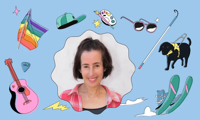 Felicity Hamil smiles at the camera against a baby blue background surrounded by cartoon objects including sunglasses, a cane, a guide dog and a guitar