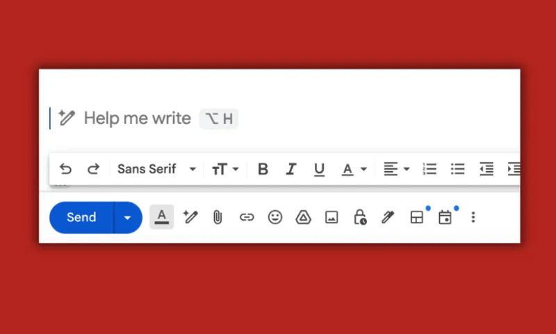 A red background with a screenshot of a blank email compose box with the AI prompt "help me write" displayed