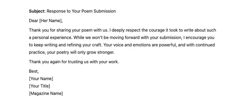 a white screen with a polite rejection email written by AI with gaps left for the 'writer' to add a name of the recipient