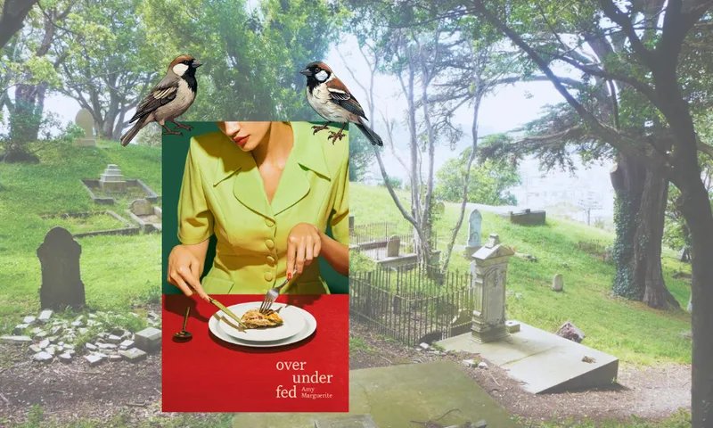 A photographe of the Mount Street Cemetery in Wellington, with the book cover of over under fed overlaid, with two sparrows.