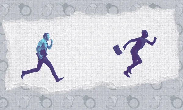 A silhouette of a person running with a handbag, wearing a balaclava, is chased by another person holding a walkie-talkie and a laptop. The background features a grey pattern of handcuffs.
