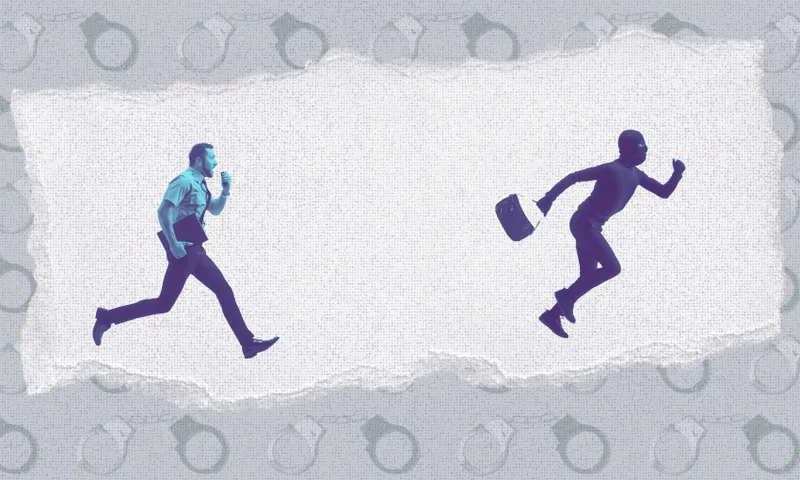 A silhouette of a person running with a handbag, wearing a balaclava, is chased by another person holding a walkie-talkie and a laptop. The background features a grey pattern of handcuffs.