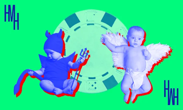 an angel baby and a devil baby, on a fluorescent green background